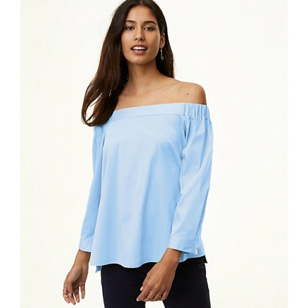NWT Ann Taylor LOFT Blue Button back 3/4 sleeve off the shoulder blouse XL